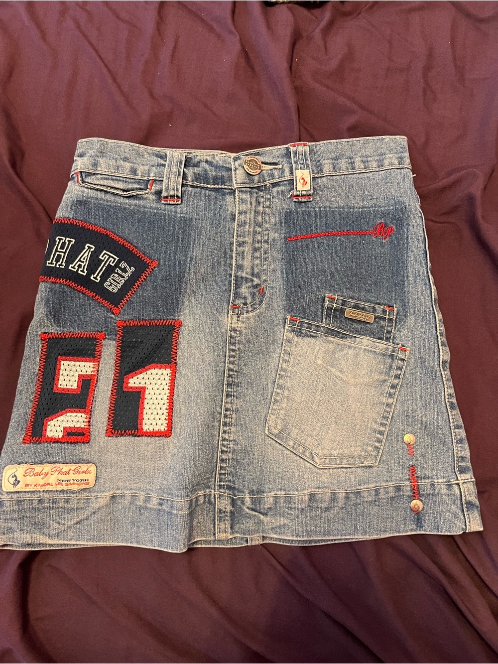 Baby Phat Patchwork Denim Mini Skirt in Light Blue with Red Accents